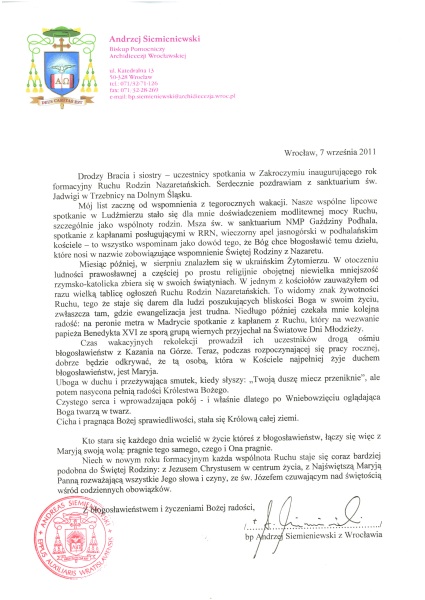 List ks. bp. Andrzeja Siemieniewskiego do Ruchu Rodzin Nazaretańskich z okazji rozpoczęcia roku formacyjnego 2011/2012